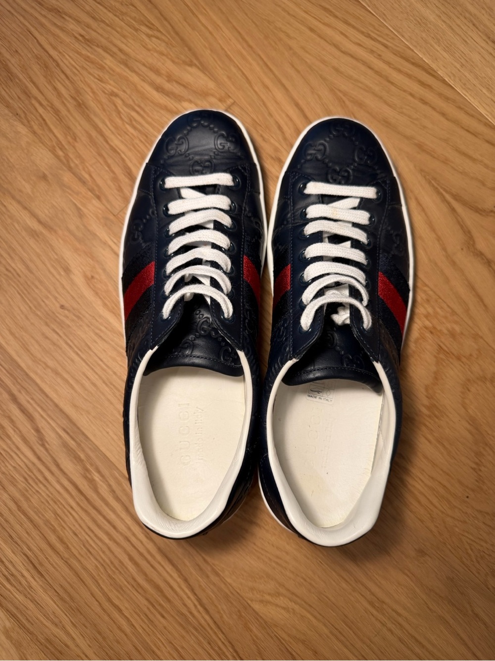 Gucci Navy Leather Men's Sneaker with Red and Blue Web - Picture 3 of 9